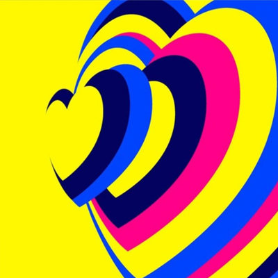 Yellow, blue and pink hearts layered on top of each other to make an attractive pattern