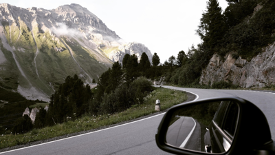 View out of car window on mountain road