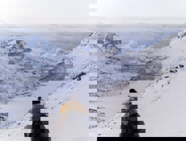 A person looking over a snowy scene of mountains and valleys
