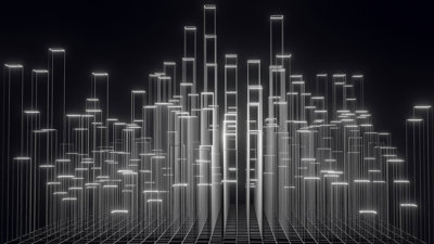 Monochrome digital image of elongated blocks mimicking a skyline.