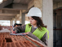 Construction worker in hard hat and high-vis vest writing on a clipboard beside stacked bricks.