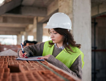 Construction worker in hard hat and high-vis vest writing on a clipboard beside stacked bricks.