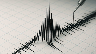 Seismograph needle drawing sharp earthquake waves on graph paper (AI generated).