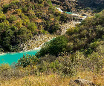 Vegetation on a rocky hillside with a turquise blue river flowing through the valley