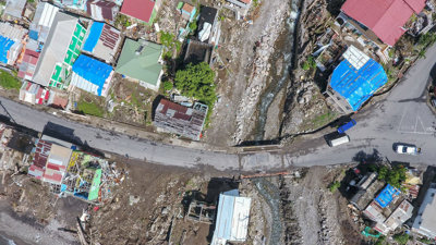 Loubiere, Dominica, showing damage caused by Hurricane Maria from above.