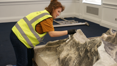 Charlotte Baron, one of the conservators, cleaning the surface of the model