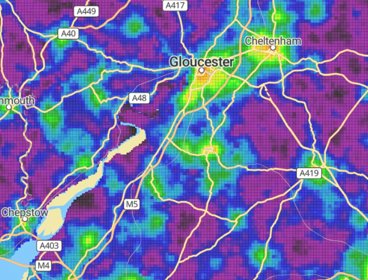 Screenshot of Connectivity Tool, mapping areas marked in purple and green