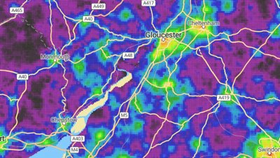 Screenshot of Connectivity Tool, mapping areas marked in purple and green