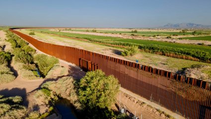 A border fence stretching into the distance over green land. 