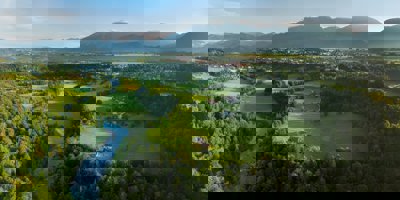 A river running through a lush green forest and fields