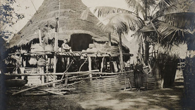 Black and white image of Laos village, interior of Siam, Thailand.
