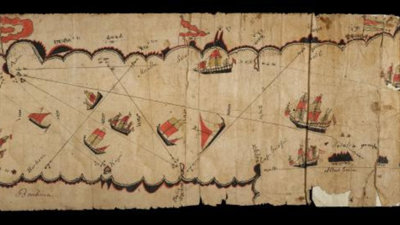 Illustrations of ships, water and coordinates are drawn onto a a torn and aged map.