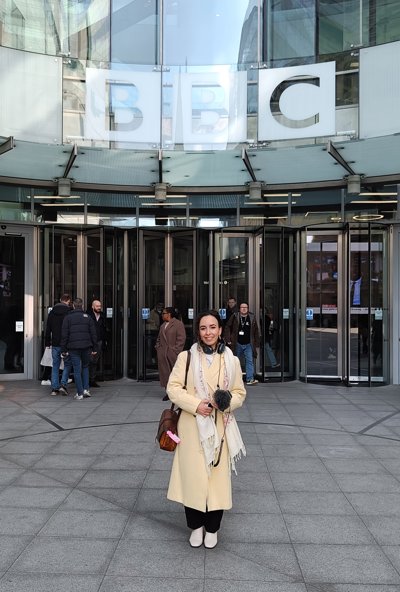 Chahrazade Douah standing in front of the BBC studios