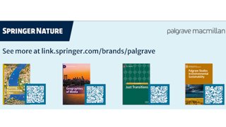 Four academic book covers with QR codes under the Springer Nature and Palgrave Macmillan logos promoting access via link.springer.com/brands/palgrave.
