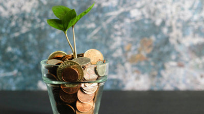 Plant growing from a glass filled with coins. 