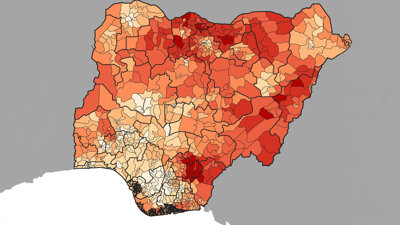 Atlas showing poverty prevalence in Nigeria 2014 using a light yellow to dark red gradient.