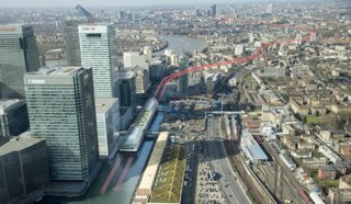 Figure 6 the Canary Wharf station on the Elizabeth line with the route superimposed across London © Crossrail