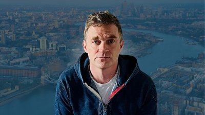 Patrick Radden Keefe against background of London aerial view.