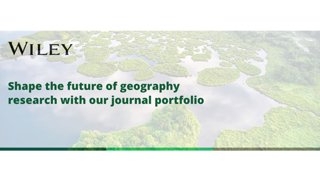 Aerial view of islands in water with text promoting Wiley's geography research journals.
