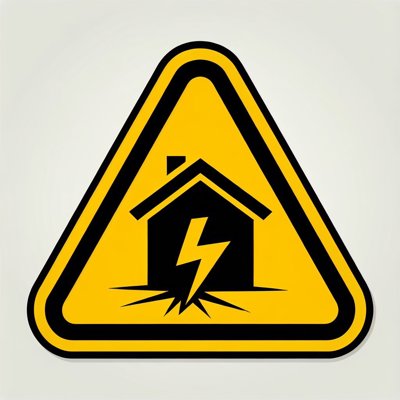 Yellow warning sign showing a house with a lightning bolt through it