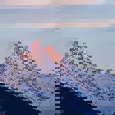 A mountain in the early or late sun, with its tip in soft sunlight. The mountain is purple, blue and white in colour where the rocks and snow meet.