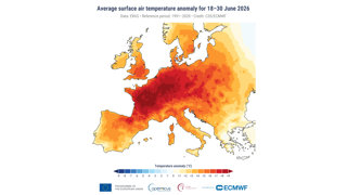 Map showing average surface air temperature 18-30 June compared with average.