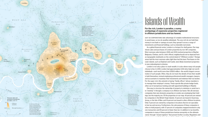 Page in 'Atlas of Finance' book showing diagram of map of London next to body of text.