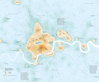 Page in 'Atlas of Finance' book showing diagram of map of London next to body of text.