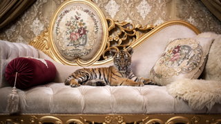 Tiger sitting on a luxurious sofa