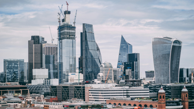 City of London sky line comprised mostly of skyscrapers.  
