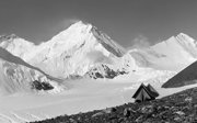 Historical black and white photograph of camp on Everest.