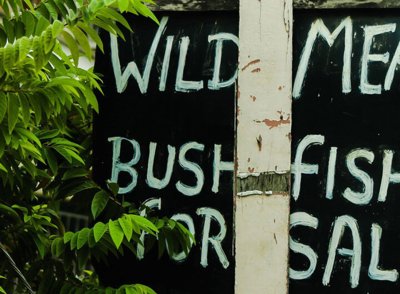 A large black sign with white painted words, spelling out 'wild meat' and 'bush Fish for sale'.