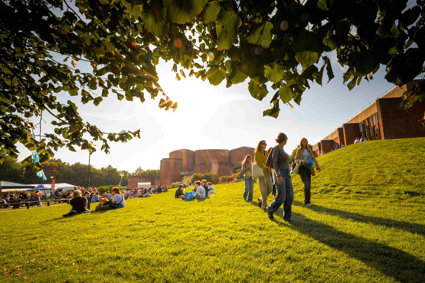 University of Sussex campus showing buildings and students