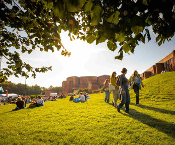 University of Sussex campus showing buildings and students