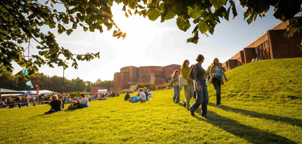 University of Sussex campus showing buildings and students