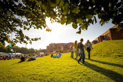 University of Sussex campus showing buildings and students