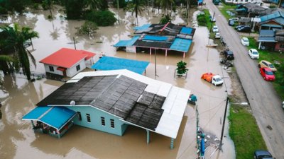 Aerial view of flooded house