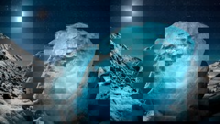 Iceberg that seems aglow with blue light against a dark, starry night.