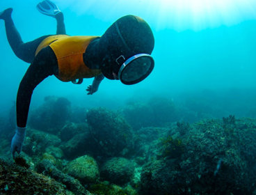 A freediver explores the seabed.