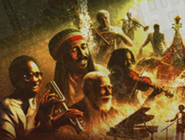 Collage of musicians playing instruments around a glowing central figure at a mic, radiating musical energy and unity.
