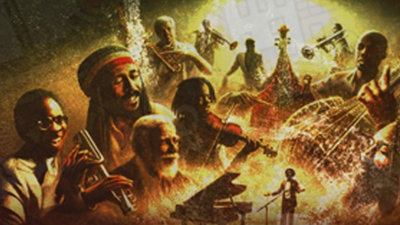 Collage of musicians playing instruments around a glowing central figure at a mic, radiating musical energy and unity.