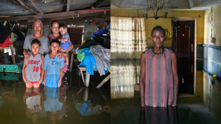 A family of five standing in a flooded living room on the left. A person standing in a flooded living room on the right.