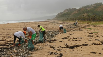 People participating in a beach cleanup, collecting a variety of other single use plastics that washed in with the tide.