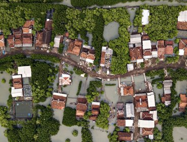 Aerial view of flooded houses. Photograph titled 'Symbiosis'.