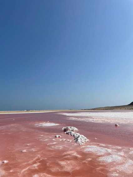 Pink lake with blue sky