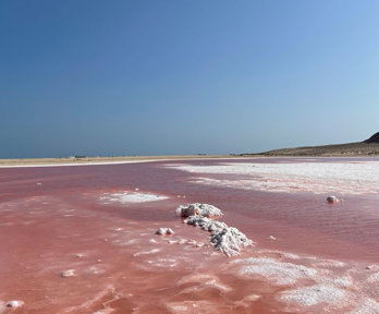 Pink lake with blue sky