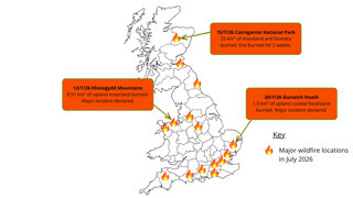 Map with wildfire locations in July 2026.