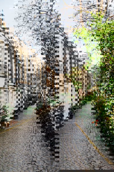 A cobbled street with mews houses