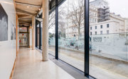 A window facing shot of the pavilion exhibition space. 