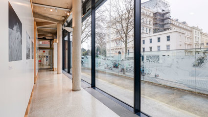 A window facing shot of the pavilion exhibition space.